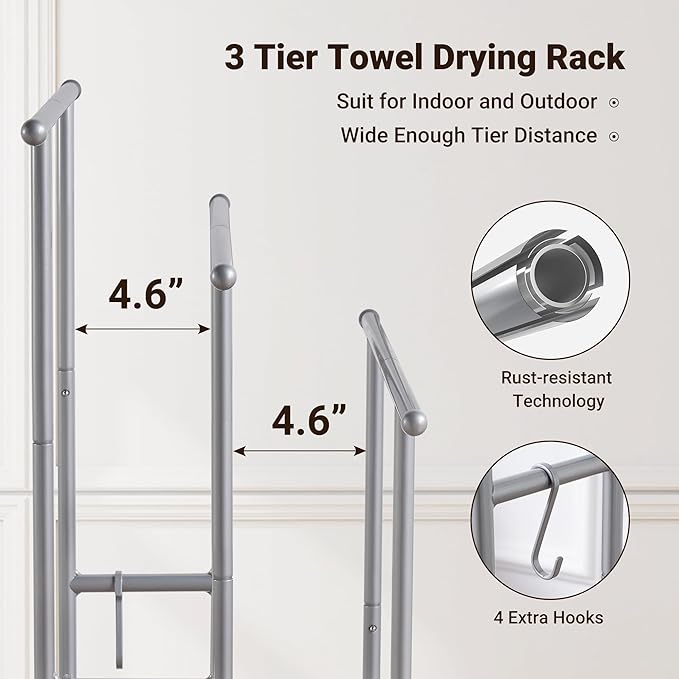 ELYKEN 3 Tier Standing Towel Rack, 40'' Tall Towel Drying Rack Outdoor, Freestanding Floor Towel Rack with Shelf, Pool Towel Blanket Stand, Metal Towel Racks for Bathroom freestanding, Smooth Silver