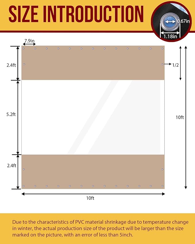 FoundGo 10'Hx10'W Outdoor Vinyl Curtains for Patio,19oz Clear Vinyl Patio Enclosure,Heavy Duty Clear Tarps Waterproof Vinyl Tarp with Grommets for Pergola, Porch,Gazebos,Balcony,-4℉ Cold Resistant