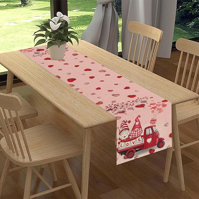 Valentines Day Table Runner,Pink Red Heart Gnomes Truck Balloon Valentines Runner for Table Seasonal Cute Decor for Indoor Outdoor Dining Table Decorations, 13"x108"