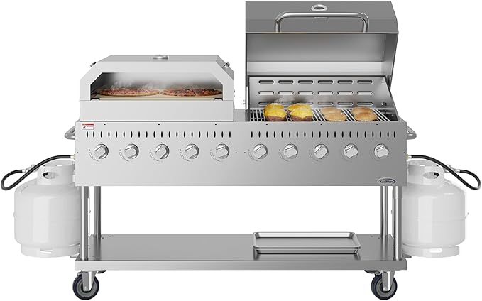 72 in. Commercial Outdoor Propane Gas Grill with 36 in. Roll Dome Cover and 36 in. Pizza Oven in Stainless-Steel, ETL Listed (CGKIT7-D36P36)