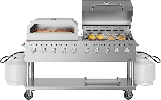 72 in. Commercial Outdoor Propane Gas Grill with 36 in. Roll Dome Cover and 36 in. Pizza Oven in Stainless-Steel, ETL Listed (CGKIT7-D36P36)