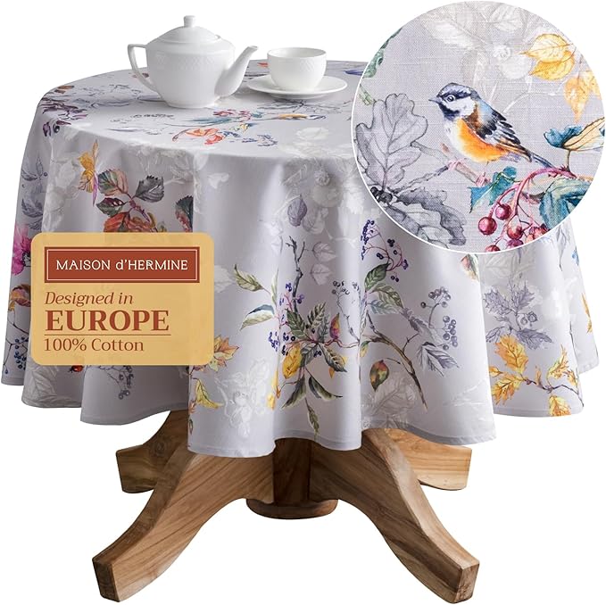 Maison d' Hermine Table Cloth Round Table 100% Cotton 63 Inches Fall Tablecloth Reusable Everyday Use for Thanksgiving Christmas Decorations Dining Farmhouse Party (Equinoxe - Grey)