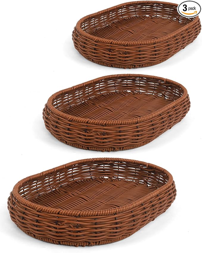 Woven Bread Basket, 3 Pack Wicker Fruit Baskets Rattan Bread Basket Poly Wicker Bread Baskets With Handles For Food Serving, Display, Vegetables, Home Kitchen, Restaurant, Outdoor (Oval set)