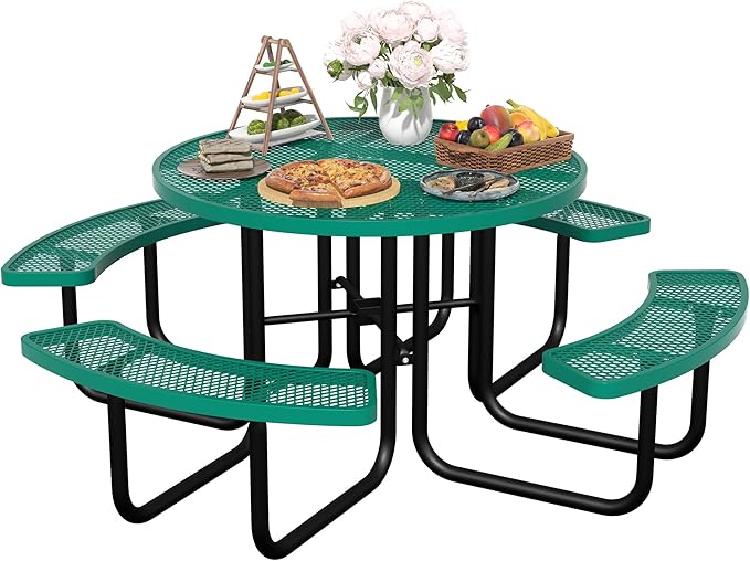 46'' Round Metal Picnic Table for Outdoors, Commercial Steel Metal Picnic Tables, Heavy Duty Sturdy Picnic Tables Furniture Set for Patio Garden Courtyard BBQ, with Umbrella Hole, Green