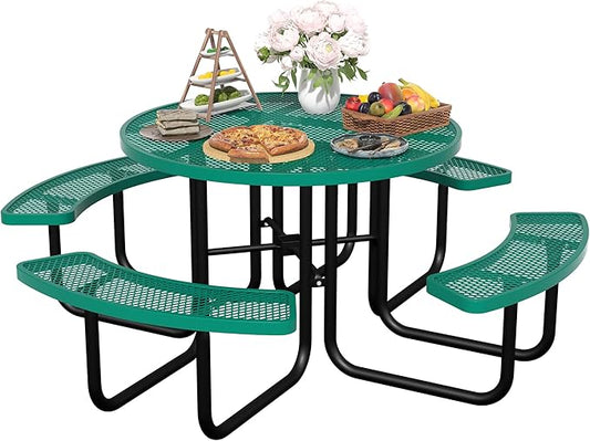 46'' Round Metal Picnic Table for Outdoors, Commercial Steel Metal Picnic Tables, Heavy Duty Sturdy Picnic Tables Furniture Set for Patio Garden Courtyard BBQ, with Umbrella Hole, Green