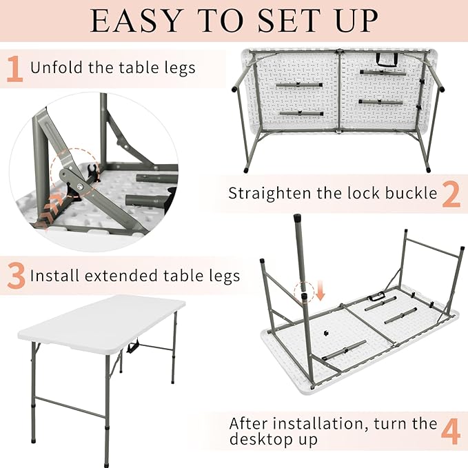 Folding Tables with Carrying Handle Lightweight Rectangular Portable Plastic Camping Table Steel Legs for Party, Dining, Wedding, Events, Picnic Indoor, Outdoor (1, White, 4 FT)