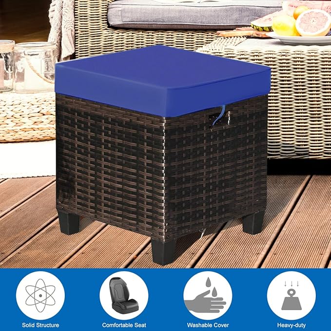 Tangkula 2 Pieces Outdoor Patio Ottoman, All Weather Rattan Wicker Ottoman Seat, Patio Rattan Furniture, Outdoor Footstool Footrest Seat w/Removable Cushions