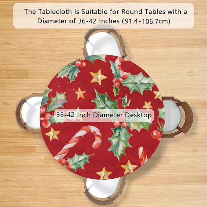 Christmas Ruffle Star Candy Round Table Cloth Cover, Elastic Edge Waterproof Wipeable Tablecloths 36"-42" Polyester Tablecloth for Party Restaurant Banquet Holiday Camping Outdoor Picnic