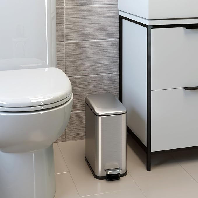 iTouchless 5 Liter / 1.32 Gallon SoftStep Bathroom Trash Can with Lid & AbsorbX Odor Filter – Slim Stainless Steel Wastebasket with Inner Bucket for Small Spaces, Home, Office, Bedroom, Living Room