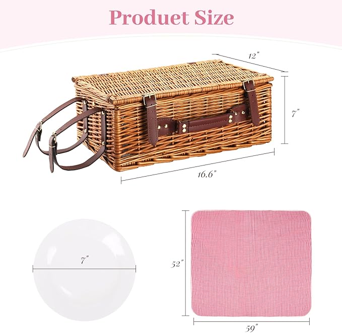 Neti Neti Wicker Picnic Basket for 4 with Insulated Cooler & Waterproof Blanket – Large Willow Picnic Hamper for Outdoor, Camping, Beach, Romantic Dates, Valentine’s Day