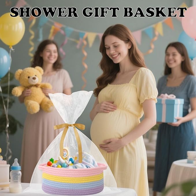 Gift Basket with Gift Bag and Ribbons,Small Rope Woven Shelf Storage,Baskets for Gifts Empty,Birthday,Baby Shower,Decorative Organizer Box with Handles(Rainbow Pastel)