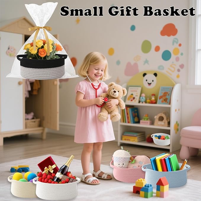 Gift Basket with Gift Bag and Ribbons,Small Rope Woven Shelf Storage,Baskets for Gifts Empty,Birthday,Baby Shower,Decorative Organizer Box with Handles(Black&Grey)