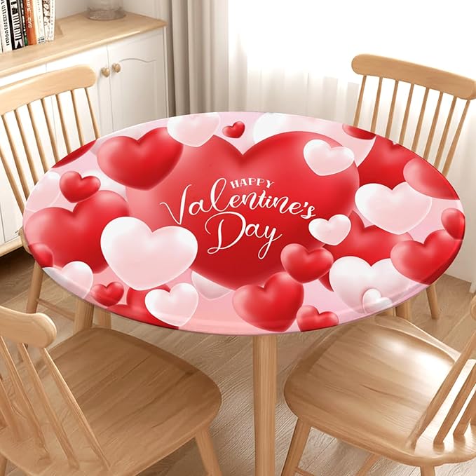 Valentines Day Round Fitted Tablecloth with Elastic Red White Love Heart Circle Table Cloth for 48-52" Round Tables Wipeable Waterproof Washable Valentine Table Cover for Picnic Dining Party Decor