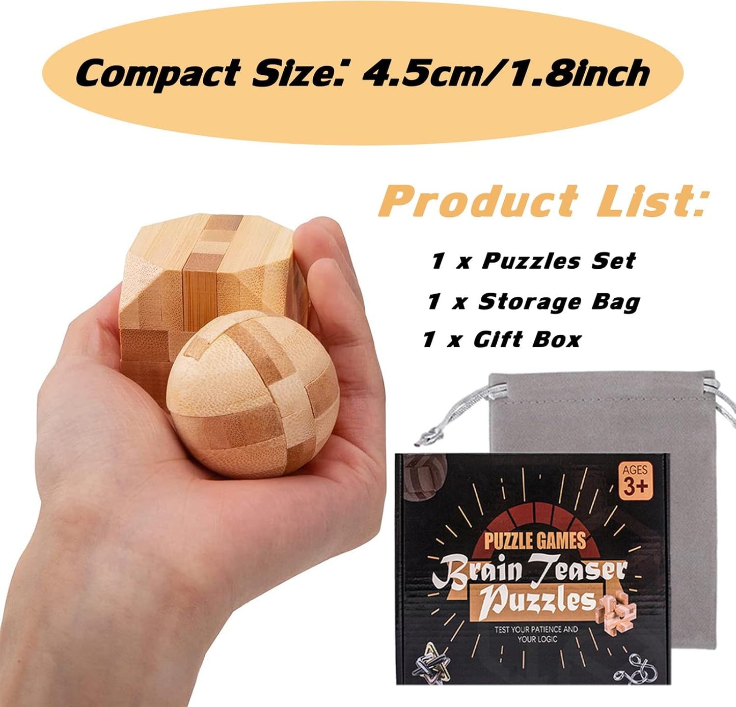 VolksRose 9pcs Wooden Brain Teaser Puzzles, IQ Challenge Puzzle Games, Logic Mind Puzzle Box Lock Toy Disentanglement 3D Small Brain Puzzle Gift Set for Adults Teenagers Kids, 1.8inch 4.5cm