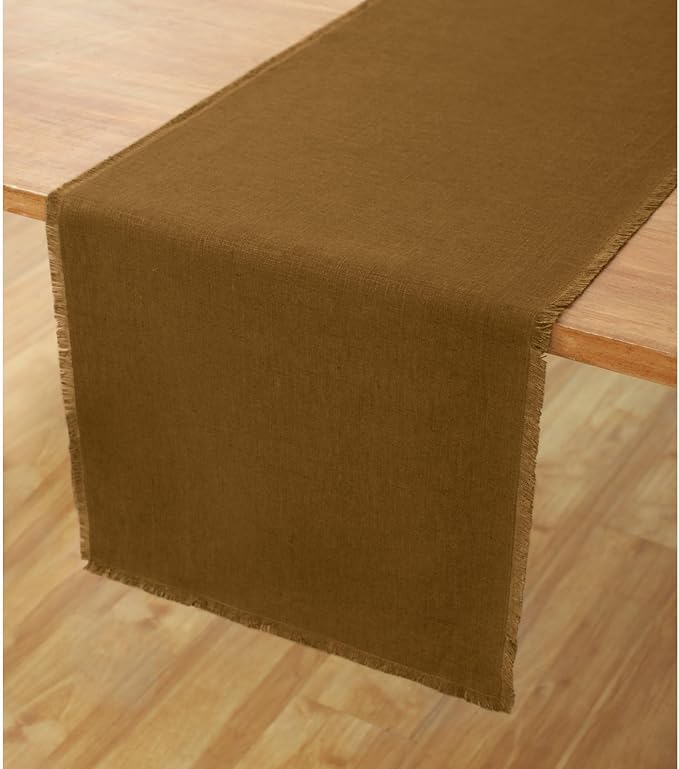 Solino Home Fringe Linen Table Runner 108 Inches Long - 100% Pure Linen Toffee Brown Dining Table Runner 14 x 108 Inch - Handcrafted and Machine Washable