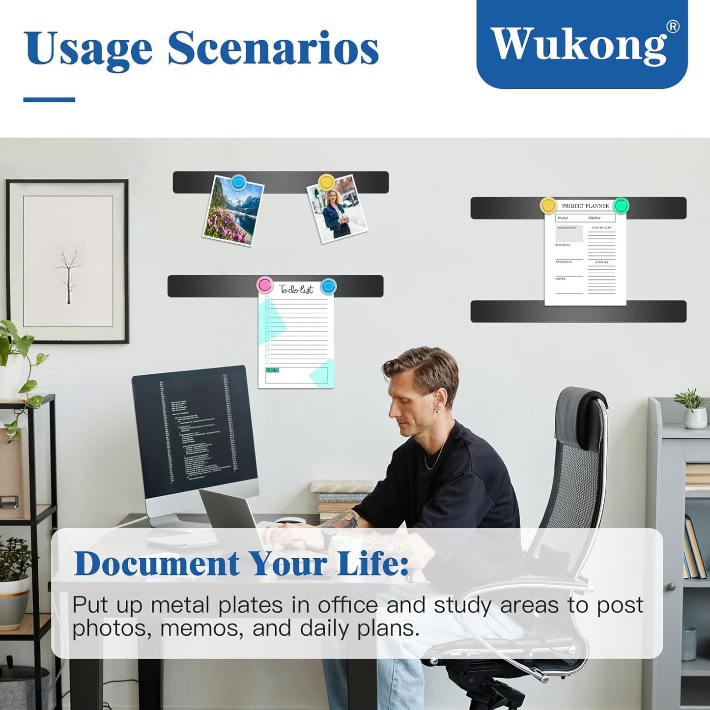 Wukong 6 Pack | 30x3cm(11.81 x 1.18) Magnetic Stainless Black Boards Strips, Adhesive Backing Bulletin Bar Board, Memo Board with 16Pcs Colorful Magnets for Office, Home, Photo Wall, Documents