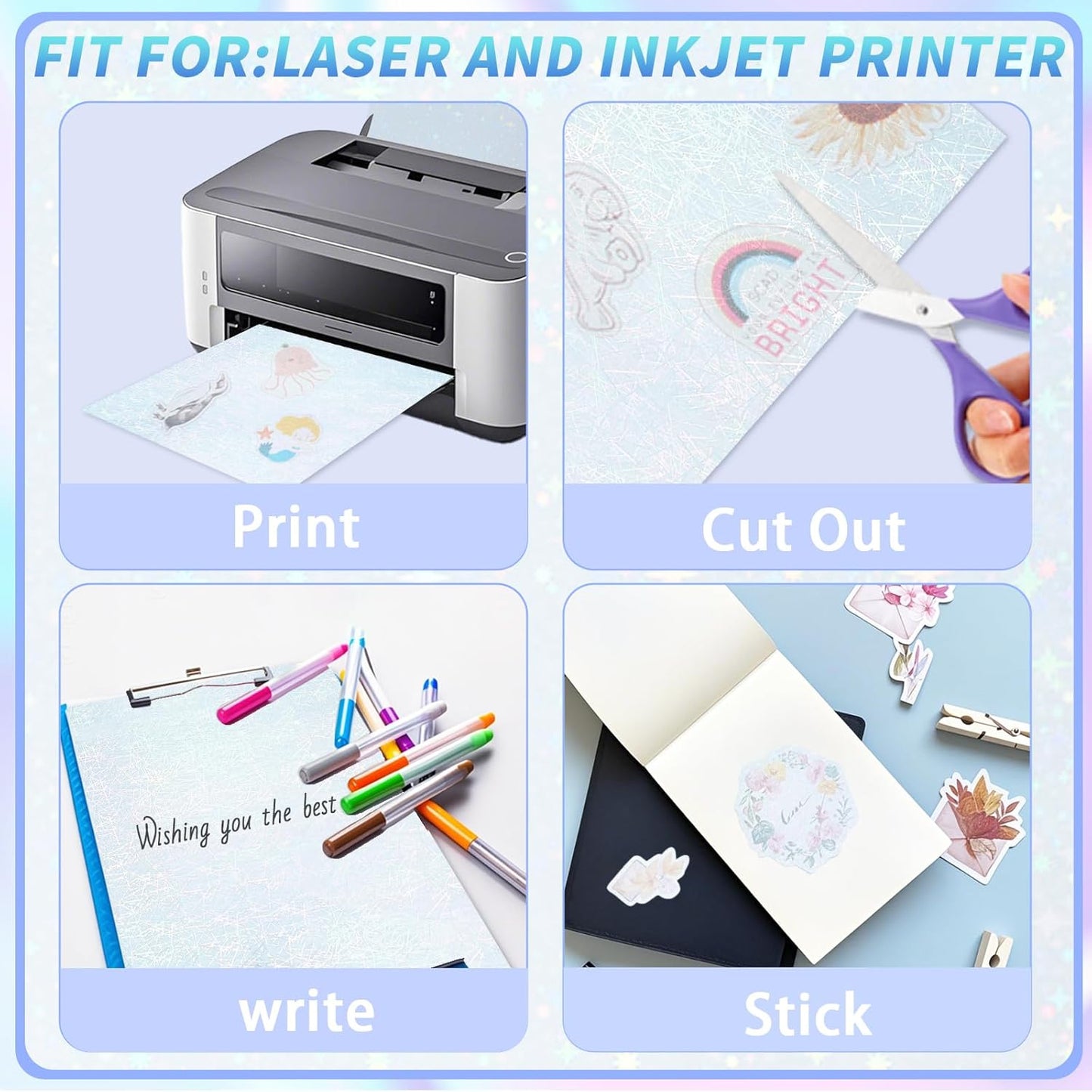 20 Sheets Printable Holographic Sticker Paper,11 x 8.5 Inches Printable Waterproof Paper Rainbow Vinyl Sticker Paper for Inkjet or Laser Printer（Laser straw pattern）