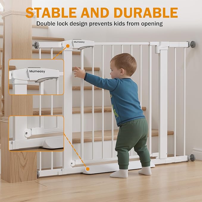 Baby Gate for Stairs, 29.7-43" Auto Close Dog Gate for Doorways & Hallways, Pressure Mounted Pet Gate with Walk Thru Door, Easy Install Safety Gate for Children & Pets, No Drilling, Dual-Lock Design