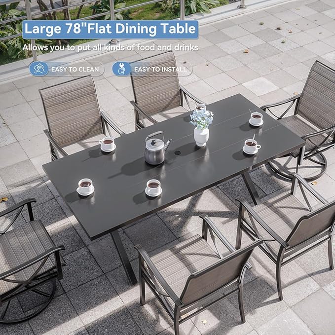 Kurapika 7-Piece Patio Dining Set, Outdoor Large Table with Umbrella Hole, 4 Stationary Chairs and 2 Swivel/Rocking Chairs, Patio Furniture Set for Garden, Deck, Porch, Pool All Weather, Brown
