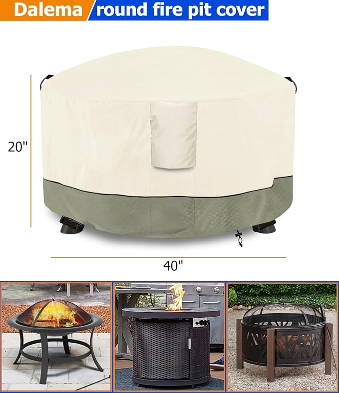 Fire Pit Cover,Outdoor Heavy Duty 600D 100% Waterproof Fire Pit Cover Round,Weatherproof Firepit Covers Round 40" Dia x 20" H,Beige