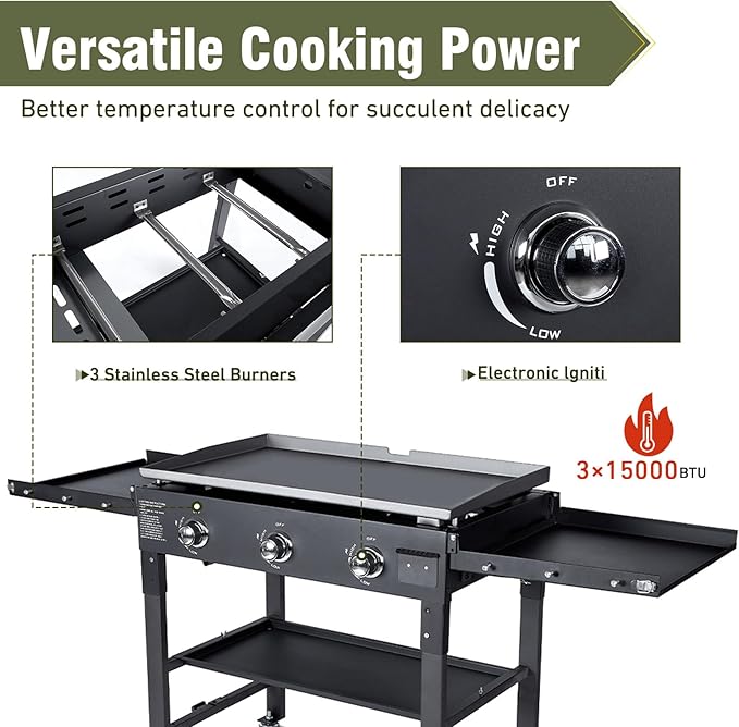 BESTFIRE 3 Burner 35" Flat Top Grill,45,000 BTU Flat Grills Outdoor Cooking with Two Foldable Shelves,Outdoor Griddle with Porcelain-Enameled Cast Iron Grate & Pan for Kitchen,BBQ& Camping
