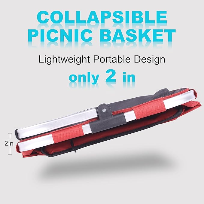 Picnic Basket, SIYUAN Shopping Basket with Handle 22L Collapsible Grocery Basket Portable Folding Bag for Marketing Picnic, Ruby Red