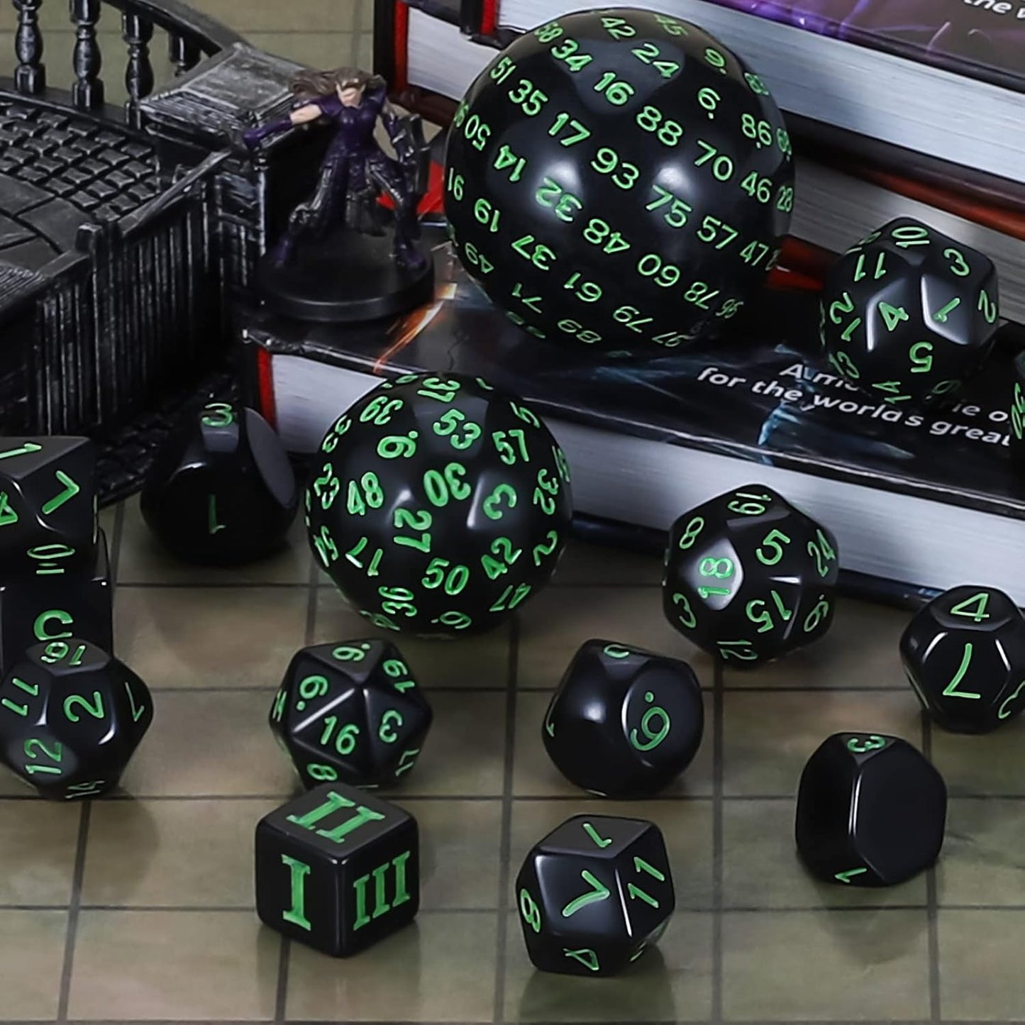 CiaraQ DND Polyhedral Dice Set (15pcs) D4-D100 Game Dice with Dice Bag for Dungeons and Dragons Role Playing Table Games (Black & Green)