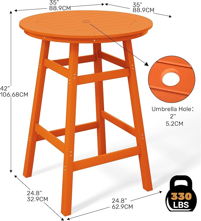 Costaelm Patio Bistro Table, 42" Counter Height Round Patio Cocktail Bar Table with Umbrella Hole, Outdoor Bistro Dining Pub Table for Front Porch Deck Backyard Garden, Orange