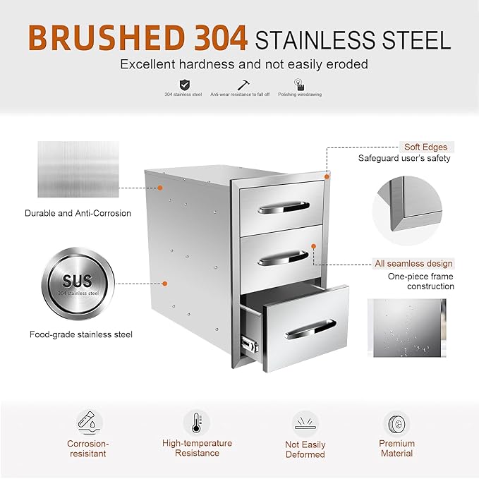 Outdoor Kitchen Stainless Steel Triple Access BBQ Drawers With Handle For BBQ Island Patio Grill Station,Three Drawers
