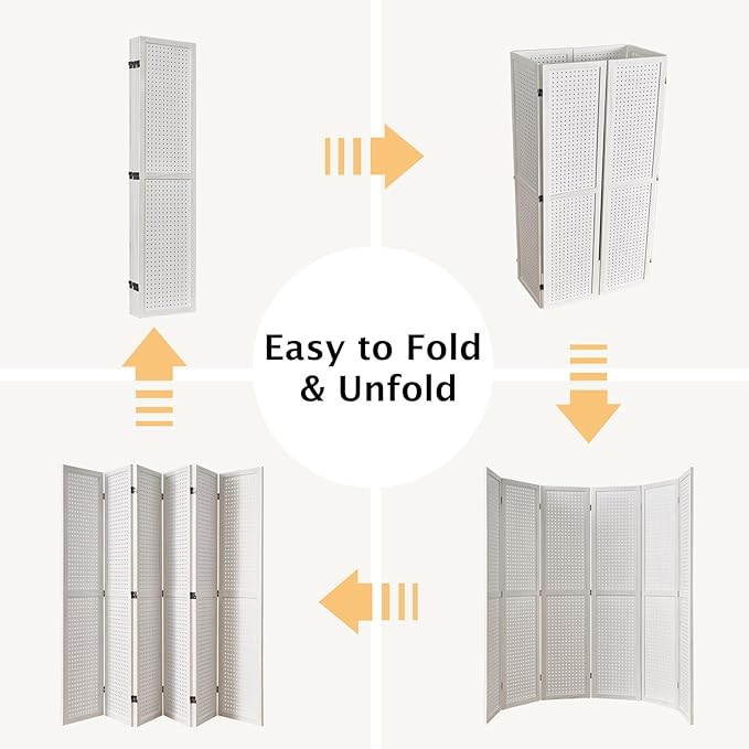 Pegboard Display, 5.6Ft Wooden Room Divider Folding Privacy Screens Portable Freestanding Wall Organizer for Retail Craft Art Display Board (6panels, White)