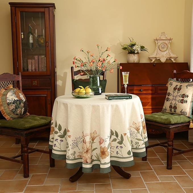 Designer French Round Tablecloth,Vintage Linen Shabby Chic Floral Colorfast Table Cloth,Decorative Table Cover for Kitchen,Dining,Tea Party,Home,Christmas,Diameter 67"-Manolya