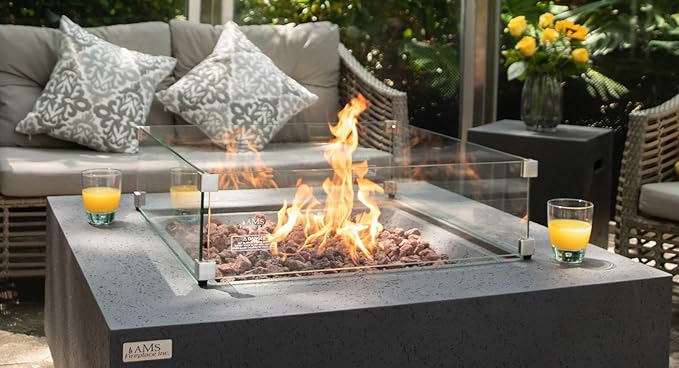 AMS Fireplace | Rectangular Fire Pit Glass Wind Guard for Brooklyn Fire Pit (Dark Gray) | Shielded from Patio Heater Flames | Tempered Glass with Polished Edges for Safety | Fire Table Glass Shield