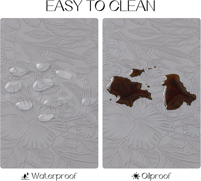 Romanstile Vinyl Placemats Set of 4-12 X 18 Inch - Heat Resistant Non-Slip Embossed Floral Place Mats 100% Waterproof Oilproof Wipeable Faux Leather Table Mats for Kitchen/Dining/Party, Grey