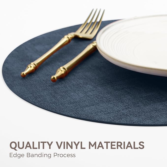 13" Round Placemats Set of 8, Reversible Faux Leather Heat Resistant Table Mats, 100% Waterproof Oilproof Wipeable Table Protective Placemats for Vinyl, Washable for Indoor (8, Navy Blue)