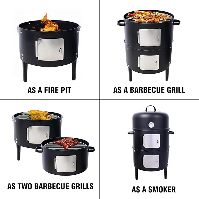 17 Inch Charcoal Smoker Grill, Heavy Duty Vertical BBQ Smoker with Thermometer, Dual Access Doors, Adjustable Air Vent, Outdoor Steel Grill for Smoking & Grilling