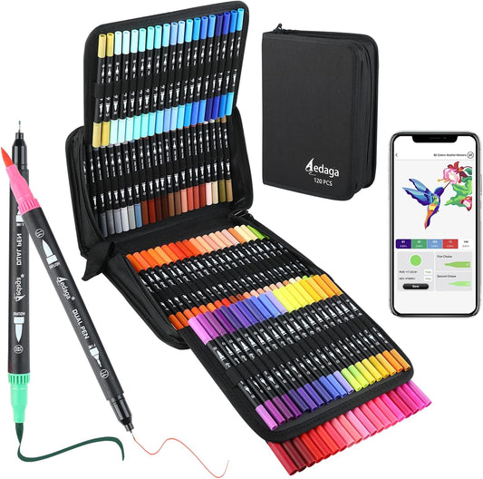 120 Colors Numbered Dual Tip Brush Pens with Free App, Fine and Brush Tips Pens for Adults and Kids, Coloring Markers for Coloring Book Bullet Journaling Note Taking Planner Hand Lettering