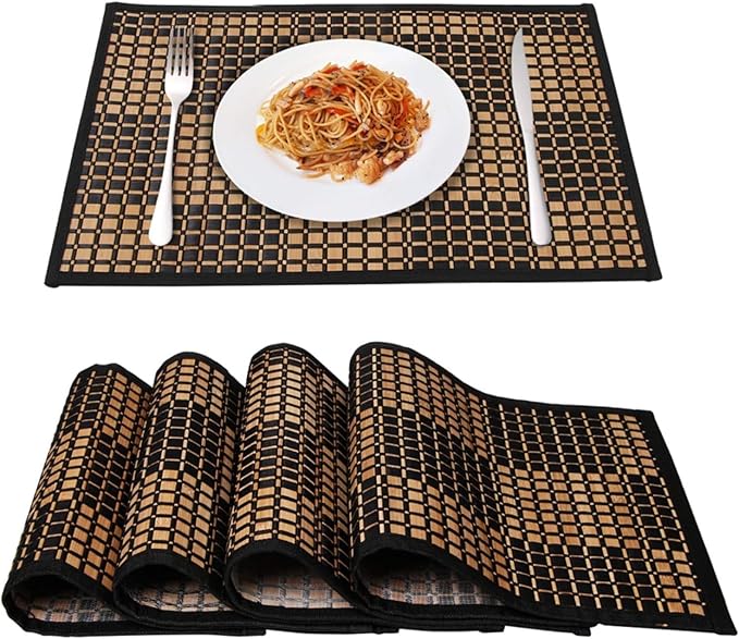 Placemats Set of 4 for Dining Table, Bamboo Place Mats for Kitchen Table Decor, Table Mats Heat Resistant & Non-Slip for Indoor/Outdoor Party, Table Placemats Set of 4 for Dinner Table Black