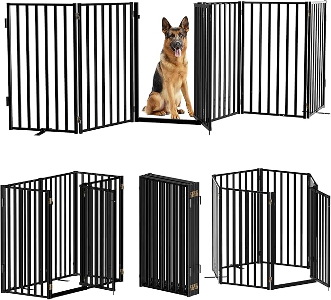 Full Metal Freestanding Dog Gates with Door, 32" Height Dog Fences for Indoor & Outdoor, Extra Wide Foldable Pet Gates for Stairs, Hallways, Doorways, Yard (6 Panels, 120" W × 36" H)