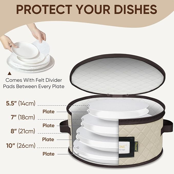 BALEINE China Storage Containers, Soft Shell Case for Organizing, Stackable Moving Storage Box with Felt Plate Dividers for Dishes, Glasses, Mugs (Plate Set, Cream)