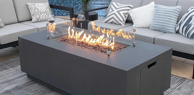 AMS Fireplace | Rectangular Fire Pit Glass Wind Guard for Sedona Fire Pit (Dark Gray) | Shielded from Patio Heater Flames | Tempered Glass with Polished Edges for Safety | Fire Table Glass Shield