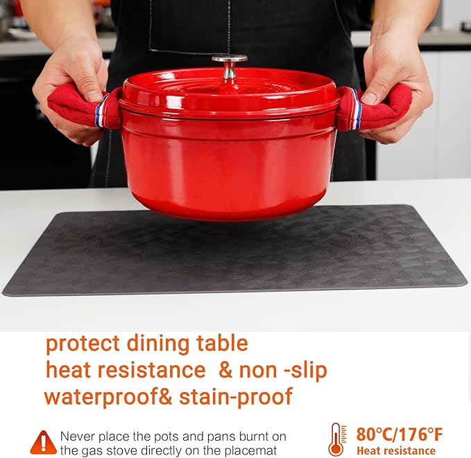 Vinyl Placemats Set of 4 Heat Resistant Easy Clean Non-Slip Place Mats for Dining Table. Faux Leather Waterproof Stain Resistant Wipeable Washable PU Table Mats(4, Gray)