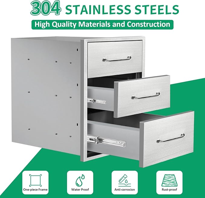 Outdoor Kitchen Drawers 16" W x 21" H x 23" D Stainless Steel Triple Drawers with Ergonomic Handle for BBQ Island, Patio Grill Station & Outdoor Kitchen Cabinets