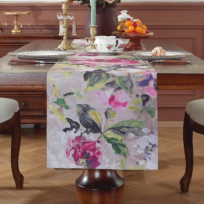 Double-Sided Table Runner - Reversible Oil Painting & Banana Leaf Design, Waterproof Linen Cotton for Dining Table Decor, Holiday Home Decoration（Red）