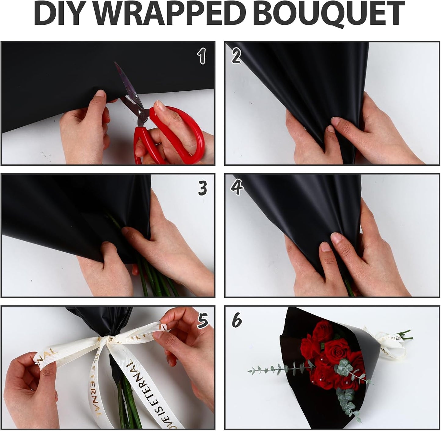 FUHITIM 20 Sheets Flower Wrapping Paper - Waterproof Floral Bouquet Packaging Paper for DIY Crafts，Florist Supplies Packaging Paper for Wedding Birthday Gift (Misty Black)