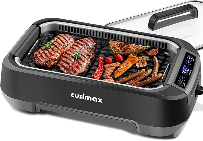 CUSIMAX Electric Indoor Grill, 1500W Smokeless Korean BBQ Grill with Smart LED Display & Tempered Glass Lid, Removable Non-stick Plate, Turbo Smoke Extractor, Black