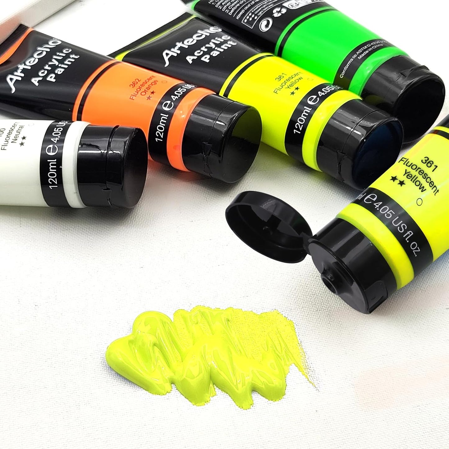 Artecho Glow in the Dark Paint, Neon Yellow Paint (120ml / 4.05oz) Tubes, Art Craft Paints for Canvas, Rock, Stone, Wood, Fabric, Art Supplies