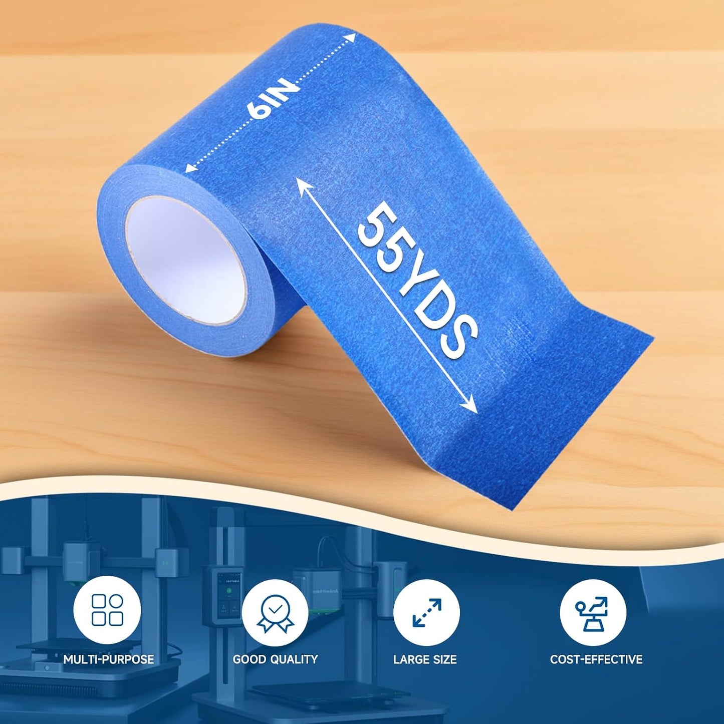 Wide Blue Painters Tape, 6 Inch x 55 Yards, Wide Masking Tape for 3D Printing, Laser Cutting, Painting, Crafting, Labeling, Packing, Office, School, Home Use, Removes Cleanly for 21 Days