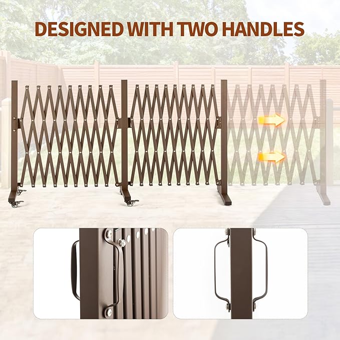 TECSPACE Aluminum Expandable Garden Fence, Portable Barricade Gate with Casters, Adjustable Retractable Fence Mobile Barricade Safety Barrier (Brown, 201×15×41 inch)
