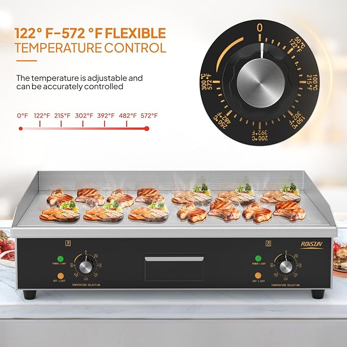 ROVSUN 30" Electric Countertop Flat Top Griddle, 3000W Electric Griddle, Teppanyaki Grill Stainless Steel with Adjustable Temperature Control 122°F-572°F for Commercial Home Restaurant, Plug