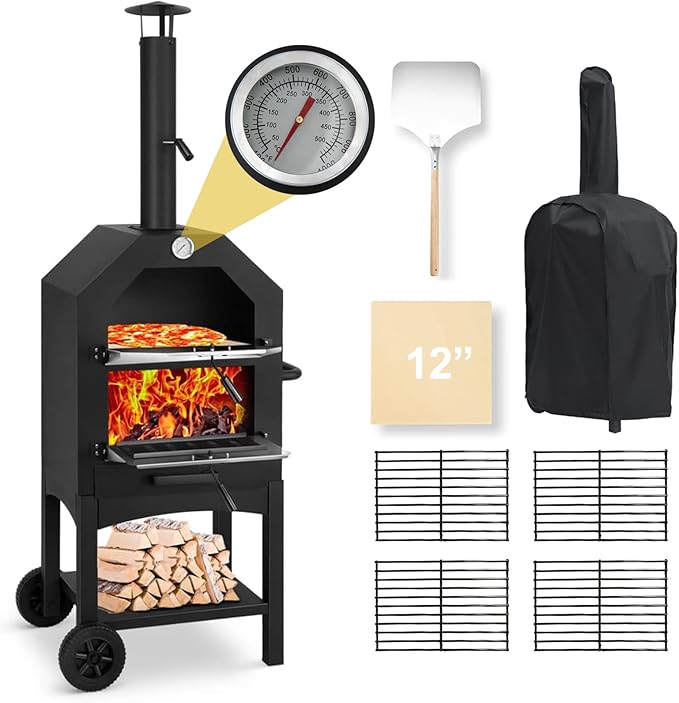 Outdoor Wood Fired Pizza Oven for Backyard and Camping - Portable Patio Pizza Maker with Baking Stone, Peel, Grill Rack and Waterproof Cover